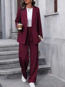 Conjunto de traje informal de mujer con solapa, manga larga y holgado - Burdeos - Ver 4
