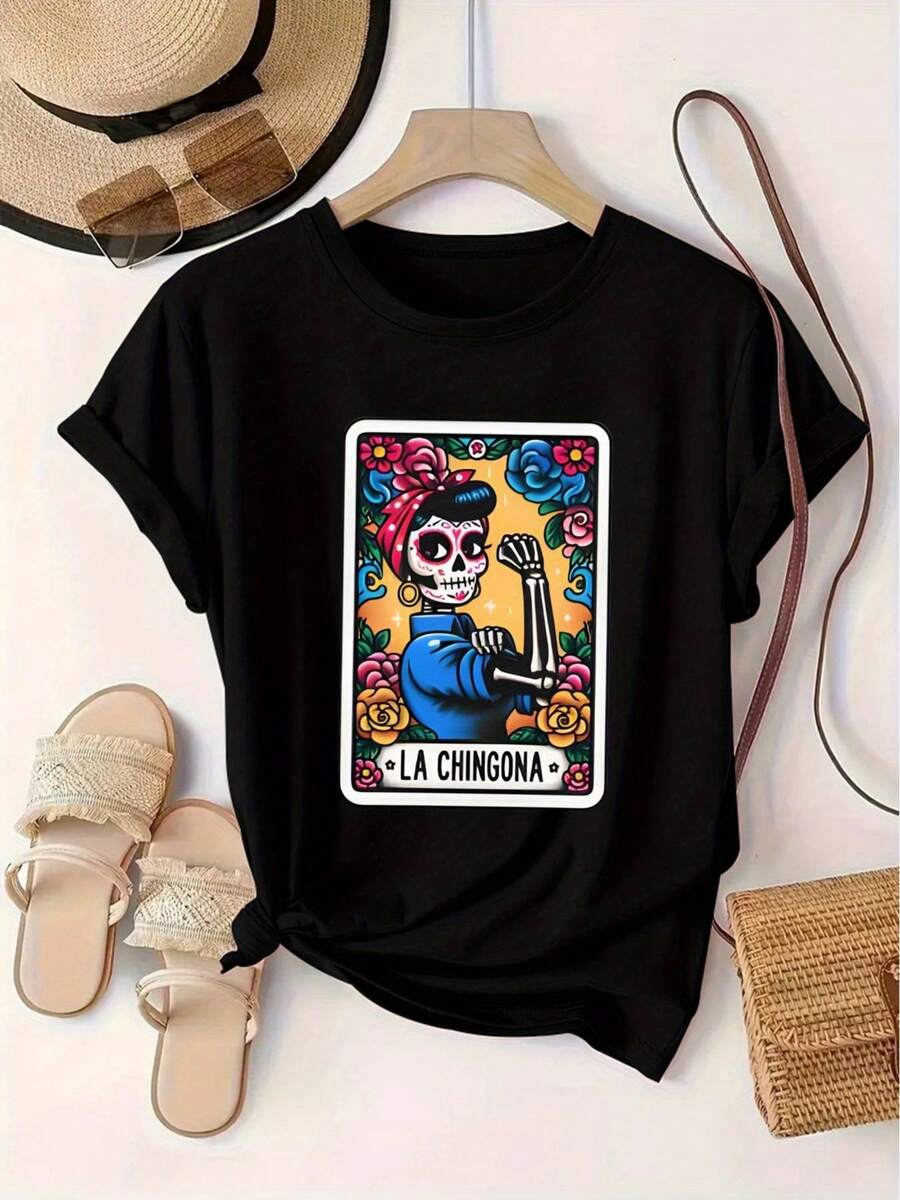 Women's Casual Short Sleeve T-Shirt - Vibrant Day Of The Dead Print In Maroon, Soft Crew Neck With Floral Skeleton Design, Machine Washable, Comfortable For All Seasons, Comfortable Clothing, Casual Fashion, Durable Print T-Shirt - 黑色 - 查看 1