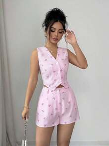 Conjunto de 2 piezas de chaleco y shorts casuales a rayas para mujer de verano - Rosa - Ver 7