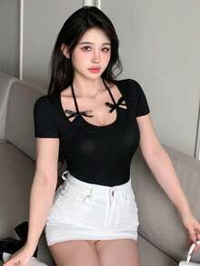 Camiseta de manga corta de ajuste ceñido, casual y sexy con decoración de lazo en el cuello halter para mujer - Negro - Ver 6