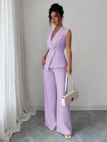 Conjunto de oficina elegante para mujer, compuesto por una chaqueta blazer sin mangas con cuello y bajo asimétrico, con hebilla metálica en la cintura, combinada con pantalones de cintura elástica.Conjunto de 2 piezas elegante para primavera/verano, atuendo formal y de clase para mujer. - Púrpura malva - Ver 5