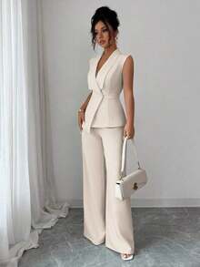 Conjunto de oficina elegante para mujer, compuesto por una chaqueta blazer sin mangas con cuello y bajo asimétrico, con hebilla metálica en la cintura, combinada con pantalones de cintura elástica.Conjunto de 2 piezas elegante para primavera/verano, atuendo formal y de clase para mujer. - Albaricoque 2 - Ver 4