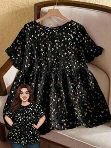 Camisa con estampado todo sobre y mangas con volantes, estilo casual de resort, tallas grandes.Atuendos de verano para mujer/Verano, ropa de mujer para vacaciones tropicales - Negro - Ver 9