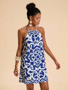 Vestido corto holgado con hombros al descubierto y estampado tejido para mujeres para vacaciones - Azul y blanco - Ver 4