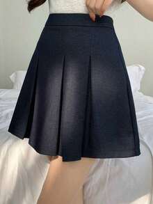 Falda pantalón plisada de unicolor para mujer con estilo informal universitario - Azul - Ver 5