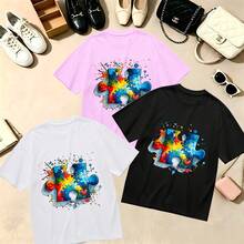 Choose One Of The Three Sets Women's T-Shirt Puzzle Art, 100% Cotton, Oversized, Soft Breathable, Casual Crewneck, Short Sleeve Top, Streetwear, Summer Vibes, Awareness, Kawaii, Aesthetic - 白色 - 查看 1