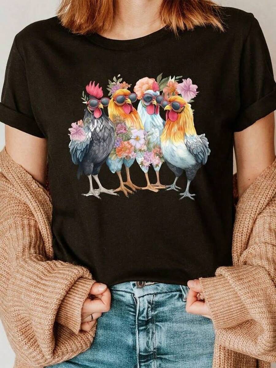 New 2026 Women's T-Shirts, Couple T-Shirts. Unique T-Shirt With A Vibrant Design Of Colorful Birds And Flowers, Y2K Style, Ideal For Highlighting Your Personality On Any Occasion. Comfortable And Fashionable, Perfect For Nature And Fashion Lovers. 100% Soft And Pleasant To The Touch Cotton For An Unparalleled Wearing Experience. - 黑色 - 查看 1