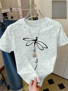 Monochromatic Ode To The Elegance Of Nature, Standard Size, Women's Casual Home T-Shirt, Printed, Round Neck, Sheer Short Sleeve - 白色 - 查看 11
