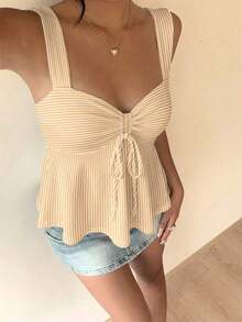 tirantes con cordón blanca casual para mujer, top para exteriores, vacaciones, lindo top de verano - Albaricoque - Ver 4