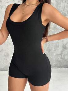 Mono de unicolor para mujer, mono ceñido, ropa negra - Negro - Ver 5