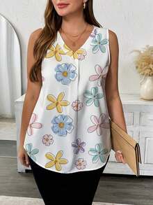 Blusa sin mangas con cuello en V y estampado floral para mujer talla grande, Camisa casual con cuello en V y estampado floral para mujer talla grande - Multicolor 4 - Ver 1