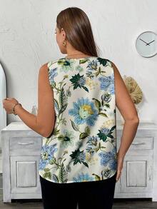 Blusa sin mangas con cuello en V y estampado floral para mujer talla grande, Camisa casual con cuello en V y estampado floral para mujer talla grande - Multicolor 5 - Ver 2