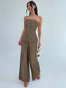 Conjunto de 2 piezas para mujer con top bandeau con botones metálicos elegantes y minimalistas, y pantalones anchos de talle alto en caqui, adecuado para la oficina, el ocio y las vacaciones - Marrón Mocha - Ver 6