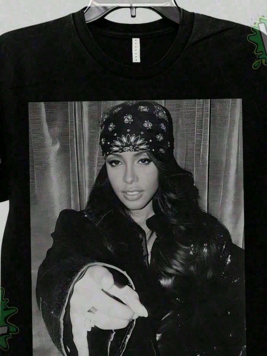 1 pieza Camiseta AliyAh Vintage de los 90s, Camiseta Retro de Música Hip Hop, Camiseta Clásica de Concierto, Ropa Urbana de Moda para Fans - Negro - Ver 1