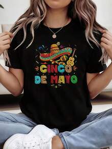Camiseta de mujer, estampado con diseño del Festival del 5 de Mayo (Cinco de Mayo) en español, talla grande, camiseta de primavera/verano para mujer, diseño temático festivo, manga corta, ropa casual de calle, atuendo festivo para celebraciones. - Negro - Ver 1