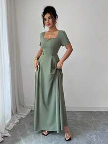 YHHElenzga Vestido de mujer con escote en V, manga corta y decoración de cinturón metálicoYHH - Verde - Ver 5