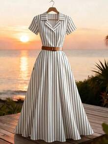 YHHGlowEve Vestido con cuello de camisa, estampado de rayas blancas y negras, cuello en V, cintura elástica y drapeado. Silueta elegante y favorecedora, adecuado para el Día de San Valentín, Pascua, Día del Trabajo, cumpleaños, citas, fiestas, ocasiones formales, atuendo de maestro, viajes, primavera y verano.YHH - Blanco y Negro - Ver 6