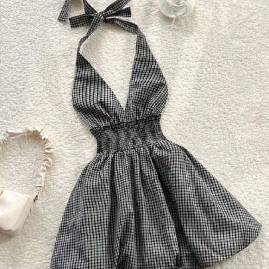 Vestido midi con cuello halter, volantes y corbata a cuadros azul para mujer - Blanco y Negro - Ver 1
