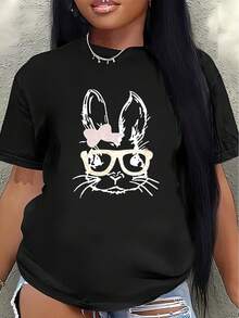 This Lightweight And Durable Short-Sleeved T-Shirt, Designed With A Rabbit Face Print, Is Perfect For Relaxing At Home, In Cafes, Or For Outdoor Activities, Offering A Comfortable Everyday Wear Experience. - 黑色 - 查看 1