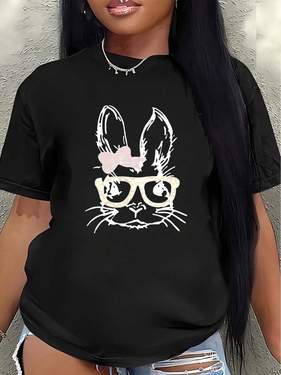 This Lightweight And Durable Short-Sleeved T-Shirt, Designed With A Rabbit Face Print, Is Perfect For Relaxing At Home, In Cafes, Or For Outdoor Activities, Offering A Comfortable Everyday Wear Experience. - 黑色 - 查看 1