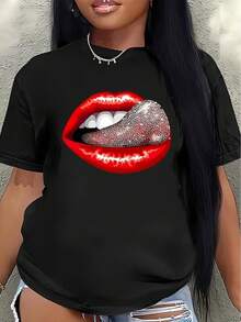 Lightweight And Durable Short-Sleeved T-Shirt With A Striking Red Lip Design, Perfect For Casual Outings At Home Or In A Restaurant, Combining Fashion And Comfort For Everyday Wear. - Black - View 7