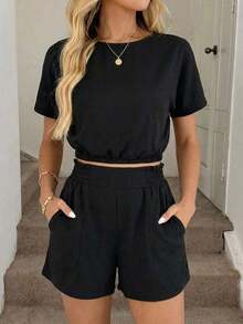 Conjunto casual de 2 piezas de top corto y shorts con cintura ceñida, con patrón de líneas geométricas abstractas, cómodo y elegante para vacaciones y uso diario, primavera/verano - Negro 2 - Ver 4