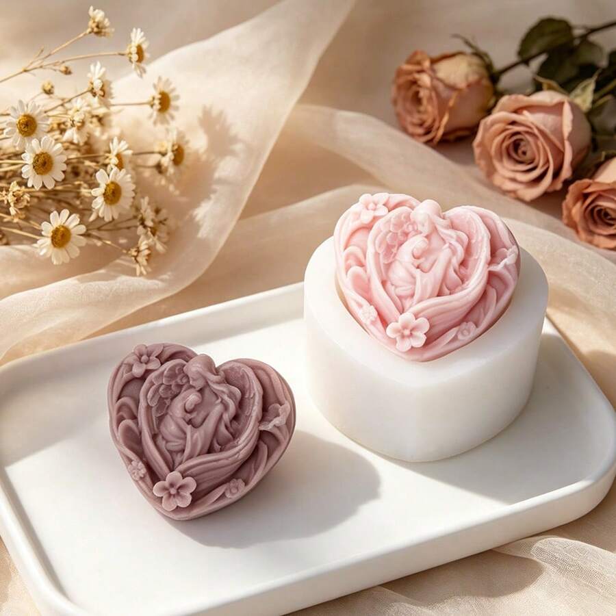 3D立体心形圣母玛利亚天使硅胶蜡烛模具，花卉浮雕母爱图案，DIY香薰蜡烛/香皂树脂，母亲节、新生儿及迎婴派对礼物 - 白 - 查看 1