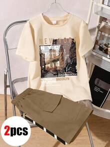 2pcs/Set Tween Boy Crew Neck Short Sleeve T-Shirt With Simple Floral Print And Casual Simple Khaki Shorts, Summer New Arrival - Apricot - View 2