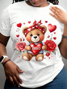 Women's Pure Cotton T-Shirt With A Bear Holding A Heart Design, Rose And Heart Print, Cute Cartoon Design, Round Neck, Soft, Comfortable, Stretchy Fabric For Everyday Wear In All Seasons, Valentine's Day Gift For Family Or Loved Ones, Essential Holiday Gift - Urban Vintage Style, Unisex, Loose Fit, Cotton, Short Sleeve, Round Neck, Blouses For Women. Casual Blouses For Ladies.  Print. Printed T-Shirt.  Print. - 白色 - 查看 6