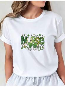 Camiseta estampada 100% algodón, ropa casual para mujer, ideal para vacaciones, manga corta, cuello redondo, adecuada para primavera y verano, lavable a máquina, nueva prenda de moda para mujer, versátil para viajes, top casual de cuello redondo 901, ropa cómoda para mujer. Camiseta de mujer de color sólido simple, corte holgado y ajustado, manga corta casual. - Blanco - Ver 12