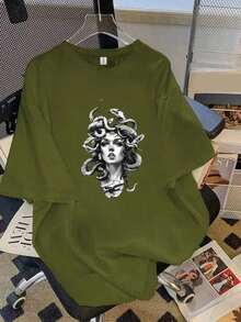 Women's Fashionable Casual Street Style Blouse With Round Neck, Short Sleeves And Medusa Print - Pure-Cotton - 白色 - 查看 4