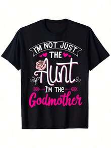Camiseta Estampada "No Soy Solo La Tía, Soy La Madrina", Camiseta Estampada para Mujer, 100% Algodón, Camiseta de Manga Corta Retro para Mujer, Cuello Redondo, Casual, para Uso Diario en las Cuatro Estaciones, Regalos para el Día de la Madre, Mes del Orgullo, Halloween, Navidad, Uso Diario en las Cuatro Estaciones, Regalos para las Fiestas. - Negro - Ver 7