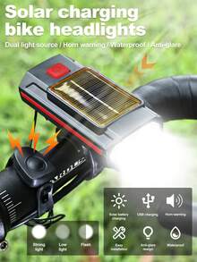 Rechargeable Bicycle Headlight And Taillight Set, 250 Lumens Solar Powered Headlight, LED Warning Waterproof USB-C 1200mAh, Super Bright For Night Riding - Multicolor - View 6