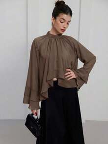 Blusa elegante y lujosa de gasa con volantes y capas en color púrpura-rojo para mujer - Gris - Ver 7