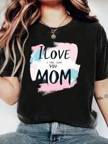 Women's Casual T-Shirt, Short Sleeve Sports Top For Daily Use, Printed With The Slogan "I Love You Mom" And Pink And Blue Brushstroke Pattern, Suitable For Vacation. - 黑色 - 查看 5