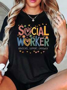 Women's Tops, Women's T-Shirts, Mother's Day, Casual Blouses For Ladies, Women's Tops, 2000s Style, Women's T-Shirt With Social Worker Heart Theme, Heart Decoration, Flowers And Slogan, Casual Short Sleeve, Warm And Professional Social Worker Top For Spring/Summer. - 黑色 - 查看 1
