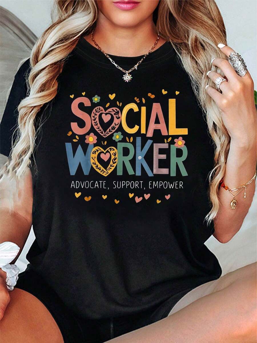 Women's Tops, Women's T-Shirts, Mother's Day, Casual Blouses For Ladies, Women's Tops, 2000s Style, Women's T-Shirt With Social Worker Heart Theme, Heart Decoration, Flowers And Slogan, Casual Short Sleeve, Warm And Professional Social Worker Top For Spring/Summer. - 黑色 - 查看 1