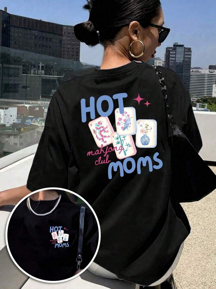 Women's T-Shirt With A Front And Back Print, Ahjong Club Design, Round Neck, Short Sleeve Casual Style, Suitable For Fitness In All Seasons And Everyday Wear, Top With A Fun Printed Design. Elegant Party Outfit, T-Shirt For Stylish Ladies, Blouses Suitable For Curvy Women, Prom Skirts, Casual Wear - 黑色 - 查看 1