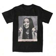 1 Piece Funny Retro 90s Rapper Cat Print T-Shirt, Round Neck, Short Sleeve, Women's Cotton, Summer, 180g, 100% Cotton. - Black - View 11