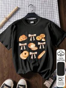 Women's Summer Outfits, 100% Cotton Short Sleeve T-Shirt, Casual Shell Print T-Shirt, Milan 2026 Inspired Pattern T-Shirt, Spring/Summer First Day Of School Outfits For Women, Women's T-Shirts - 黑色 - 查看 6