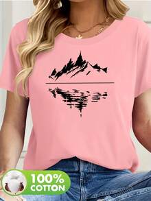 Women's 100% Cotton Short Sleeve T-Shirt With Subtle Outdoor-Themed Patches - Casual Spring And Summer Blouse, Machine Washable, Ideal For Picnics And Casual Wear, Non-Outdoor Printed T-Shirts - 羅莎 - 查看 1