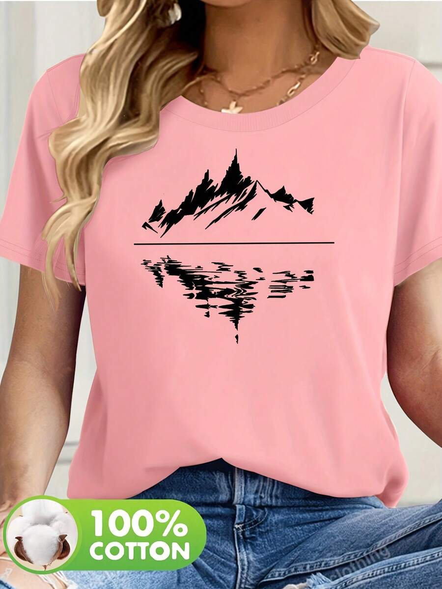 Women's 100% Cotton Short Sleeve T-Shirt With Subtle Outdoor-Themed Patches - Casual Spring And Summer Blouse, Machine Washable, Ideal For Picnics And Casual Wear, Non-Outdoor Printed T-Shirts - 羅莎 - 查看 1