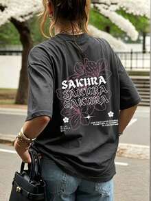 Women's Casual White T-Shirt With Sakura Graphic Print, Short Sleeve With Drop Shoulders, Round Neck, Medium Elasticity Knit Fabric For Spring Fashion - 深灰色 - 查看 2