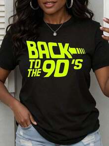 1 Piece Women's 90s Neon Green Print T-Shirt, Fashion Casual Top, Retro Style, Unisex T-Shirt For 90s Themed Parties And Events, 180g 100% Cotton. - 黑色 - 查看 2