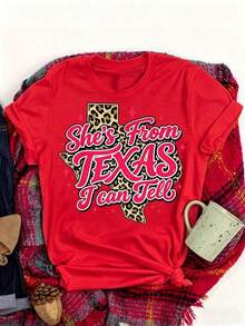 Mexican, She's From Texas, I Can Tell, Retro Vintage Texas Girl T-Shirt, Casual Summer Graphic Tee For Women,  Summer Cotton T-Shirt. - 紅色 - 查看 8
