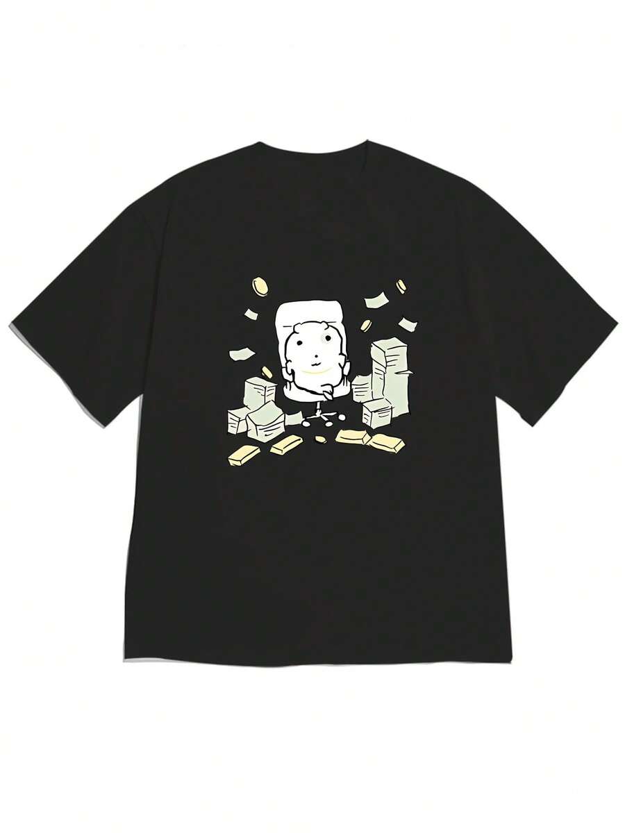 Women's Loose-Fitting Short-Sleeved Off-The-Shoulder T-Shirt With A Fun And Interesting "Get Rich Lying Little Man" Print, Fun And Interesting Style, Comfortable And Skin-Friendly, Ideal For Everyday Street Wear During The Summer. - 黑色 - 查看 1