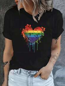 Women's LGBTQ Pride T-Shirt With Rainbow Heart And Geometric Rainbow Print - Casual Crew Neck Top, Suitable For All Seasons, Machine Washable, LGBTQ+ Clothing, Women's Blouses - 黑色 - 查看 7