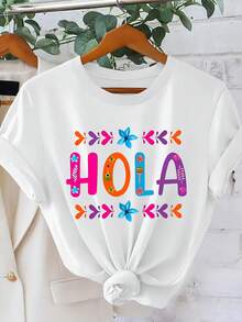 HOLA Women's Mexican Theme Short Sleeve T-Shirt - Crew Neck Blouse, Breathable, Ideal For Everyday Wear, Travel And Vacation, Machine Washable, Casual Spring And Summer T-Shirts - 白色 - 查看 1