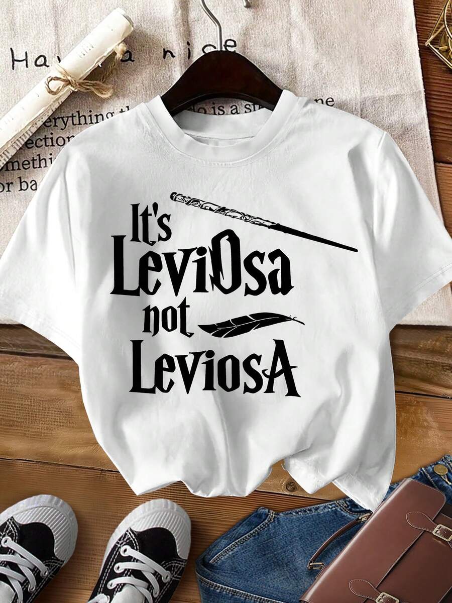 [Warner] Women's T-Shirt, Elegant, Short-Sleeved, Round Neck, With The Slogan Print "It's LeviOsa Not LeviosA", Comfortable, Soft, Breathable, New Style, Fashionable, Simple, Vintage, Cool, Versatile For Daily Wear, Casual, Spring, Summer, Autumn, Winter, Style - 白色 - 查看 1