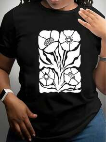 | Exquisite Design | Loose And Comfortable | Easy To Match | Women's Casual Short Sleeve T-Shirt, 1 Pack, 100% Thick Cotton - Comfortable Crew Neck, Soft And Pretty T-Shirt - 黑色 - 查看 2